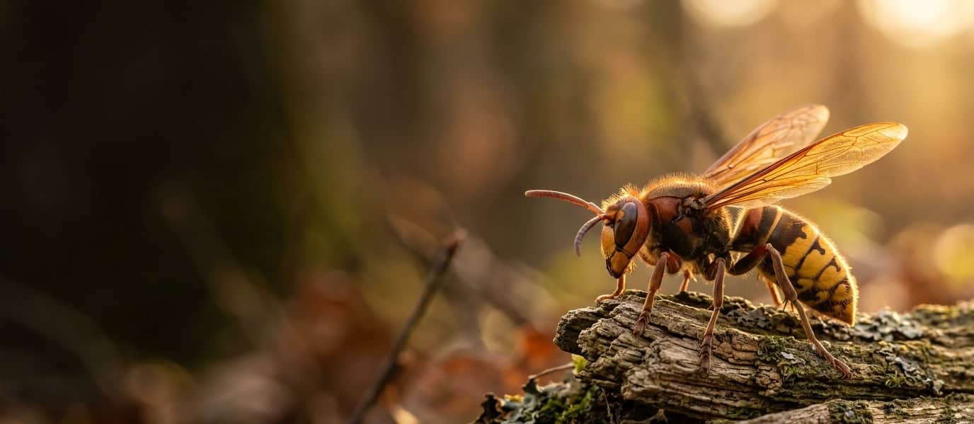 Een Europese hoornaar op verweerd hout in het bos
