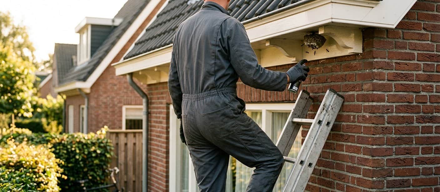 Bestrijder verwijdert een wespennest onder de dakrand van een woning