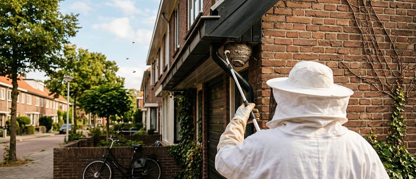 Een bestrijder in beschermpak verwijdert een wespennest onder de dakrand van een woning