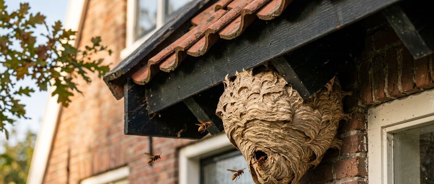 Een hoornaarsnest onder de dakrand van een huis