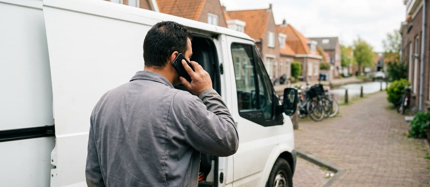 Bestrijder belt de klant bij de bus