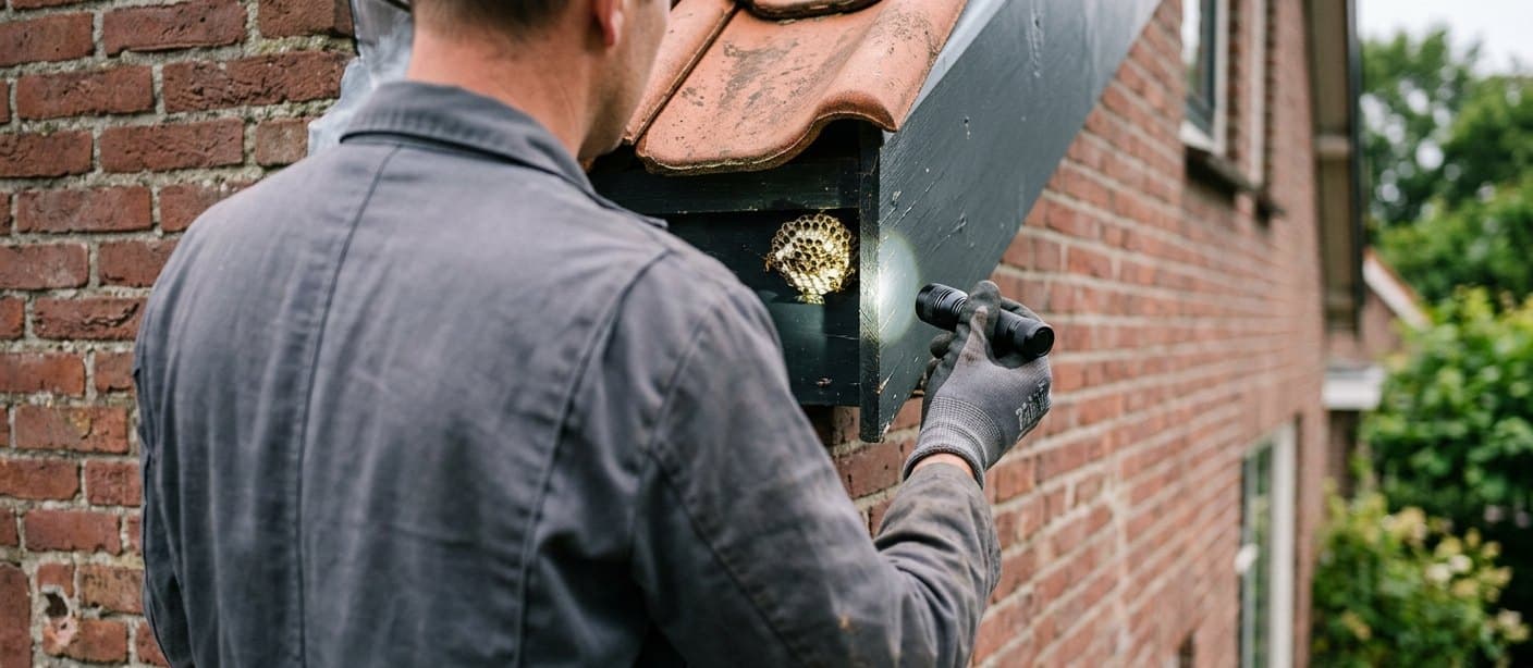 Bestrijder inspecteert een wespennest onder de dakrand
