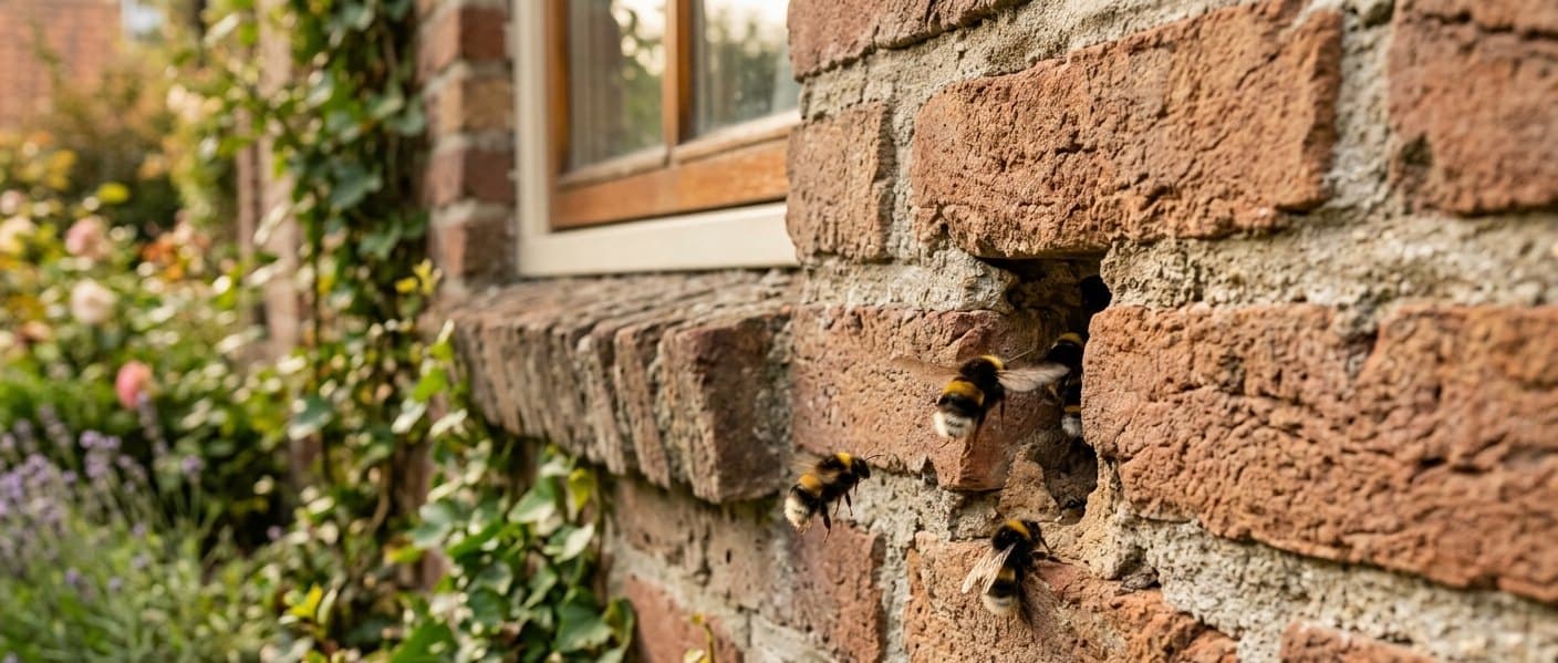 Hommels vliegen een nest in de spouwmuur binnen