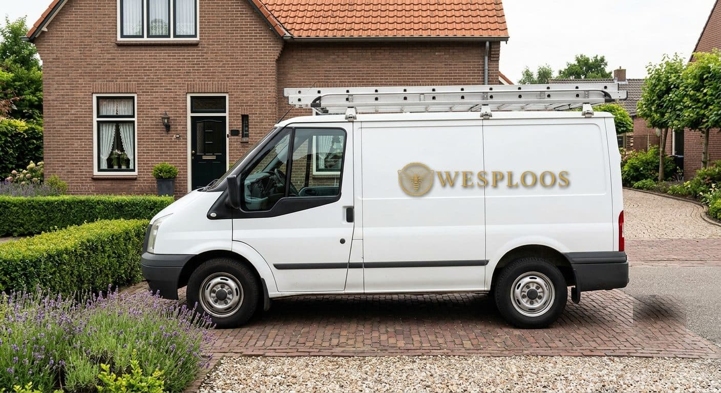De bus van Wesploos geparkeerd voor een woning in Huizen