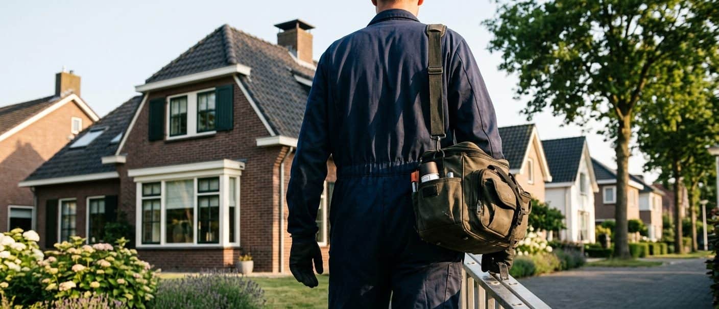 De bestrijder van Wesploos loopt met ladder en gereedschap naar een woning in Huizen