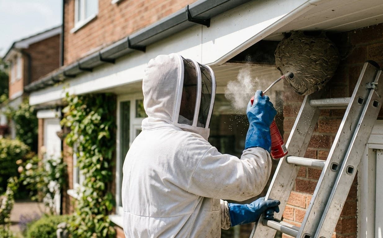 Een bestrijder in beschermpak behandelt een wespennest onder de dakrand