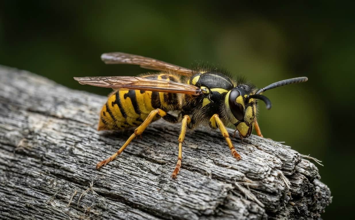 Een wesp van dichtbij op verweerd hout